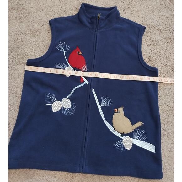 Rebecca Malone Size M Full Zip Fleece Vest Navy Blue w/Winter Birds - Picture 7 of 7